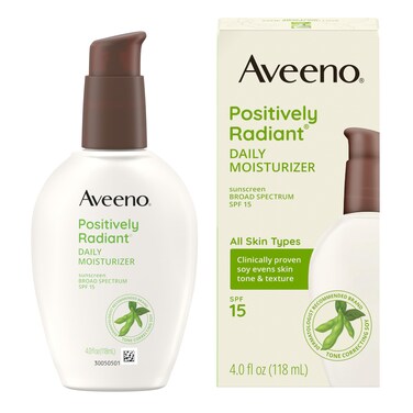 Aveeno Positively Radiant Daily Face Moisturizer with SPF 15 Sunscreen Hydrating Facial Moisturizer with Soy Extract to Improve Skin Tone and Texture Hypoallergenic Formula OilFree 4 FL OZ