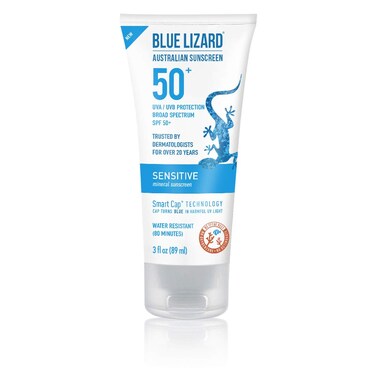 Blue Lizard SENSITIVE Mineral Sunscreen with Zinc Oxide SPF 50 Water Resistant UVAUVB Protection with Smart Cap Technology  Fragrance Free 3 oz Tube