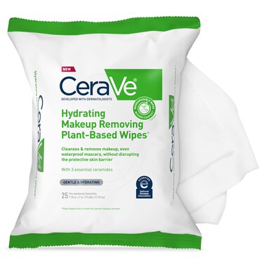 CeraVeHydrating Facial Cleansing Makeup Remover Wipes Plant Based Face Biodegradable in Home Compost Wash Cloth Suitable for Sensitive Skin Fragrancefree Noncomedogenic 25 Count