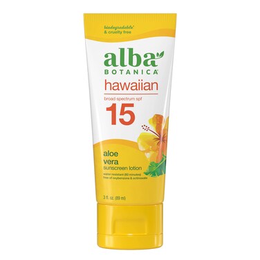 Alba BotanicaSunscreen for Face and Body Hawaiian Aloe Vera Sunscreen Lotion Broad Spectrum SPF 15 Sunscreen Water Resistant and Biodegradable 3 fl oz Bottle