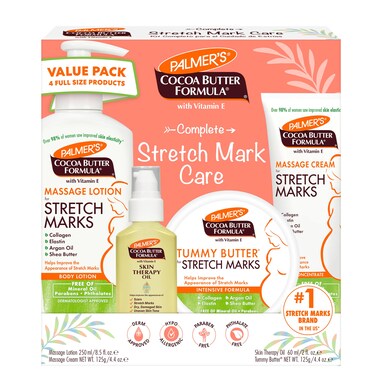 Palmers Cocoa Butter Formula Pregnancy Skin Care Kit for Stretch Marks and Scars Dermatologist Approved Gift for Mom to Be 4 Piece Full Size Set