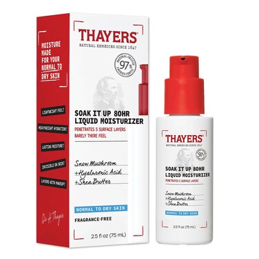 THAYERSSoak It Up 80HR Liquid Moisturizer Face Moisturizer with Hyaluronic Acid and Snow Mushroom Dermatologist Tested Skin Care for Normal to Dry Skin 25 Oz