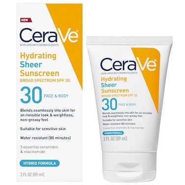 CeraVe Hydrating Sheer Sunscreen SPF 30 for Face and Body  Mineral  Chemical Sunscreen with Zinc Oxide Hyaluronic Acid Niacinamides and Ceramides Paraben Free Fragrance Free  3 Ounces