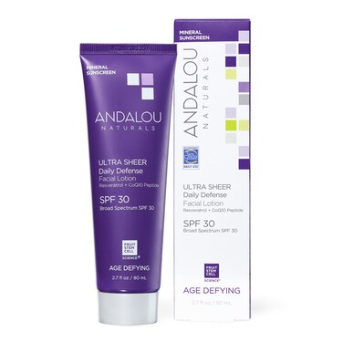 Andalou NaturalsAge Defying Face Sunscreen SPF 30 Zinc Oxide Mineral Sunscreen Ultra Sheer Daily Defense Face Lotion Helps Hydrate Skin Gentle  Lightweight  27 Fl Oz