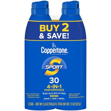 Coppertone Sport Sunscreen Spray SPF 30 Water Resistant Spray Sunscreen Broad Spectrum SPF 30 Sunscreen Bulk Sunscreen Pack 55 Oz Bottle Pack of 2