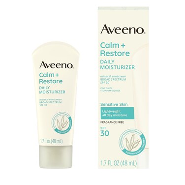 Aveeno Calm  Restore Daily Moisturizer Mineral Sunscreen with Broad Spectrum SPF 30 Lightweight All Day Moisture  UVAUVB Sun Protection for Sensitive Skin Fragrance Free 17 fl Oz