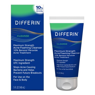 Differin Acne Face Wash with 10 Benzoyl Peroxide Maximum Strength OTC Acne Foaming Cleanser Fast Acting Acne Treatment for Face and Body 5 oz