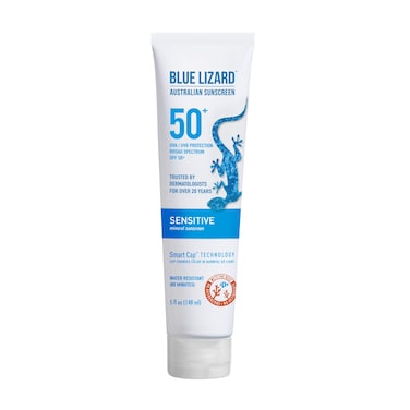 BLUE LIZARD Sensitive Mineral Sunscreen with Zinc Oxide 50 Water Resistant UVAUVB Protection with Smart Cap Technology Fragrance Free Sensitve SPF 50   Tube Unscented 5 Fl Oz