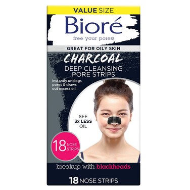 Biore Charcoal Deep Cleansing Pore Strips Nose Strips for Blackhead Removal on Oily Skin with Instant Pore Unclogging features Natural Charcoal See 3x Less Oil 18 Count