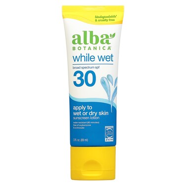 Alba BotanicaSunscreen for Face and Body While Wet Sunscreen Lotion Broad Spectrum SPF 30 Water Resistant Sunscreen for Wet and Dry Skin 3 fl oz Bottle