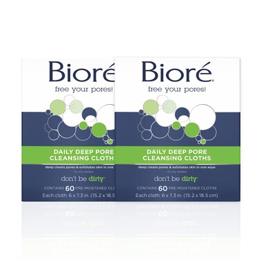 BiorDaily Make Up Removing Cloths Facial Cleansing Wipes with Dirtgrabbing Fibers for Deep Pore Cleansing without Oily Residue 60 Count Pack of 2
