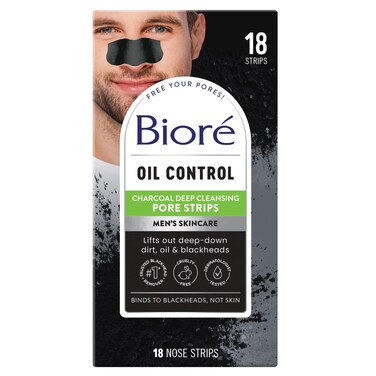 Biore Mens Blackhead Remover Pore Strips Charcoal Deep Cleansing Nose Strips for Blackhead Removal on Oily Skin with Natural Charcoal 18 Count