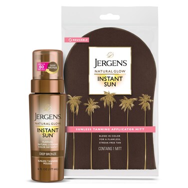 JergensNatural Glow Instant Sun Self Tanner Mousse Bundle Deep Bronze Sunless Tanning 6 Oz Bottle and Application Mitt