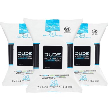 DUDE Wipes  Face and Body Wipes  3 Pack 90 Wipes  Unscented Wipes with Sea Salt  Aloe  2in1 Body  Face Wipes  Alcohol Free and Hypoallergenic Cleansing Wipes