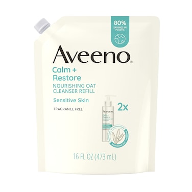 AveenoCalm  Restore Nourishing Oat Facial Cleanser for Sensitive Skin Gentle Face Wash with Nourishing Oat  Calming Feverfew Hypoallergenic FragranceFree Refill Pouch 16 fl oz