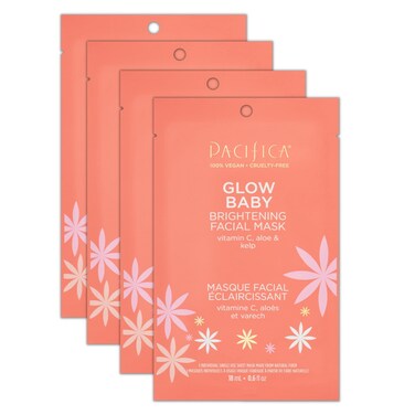 PacificaBeauty Glow Baby Brightening Facial Mask Skincare Vitamin C Aloe Kelp Fine Lines Wrinkles Dark Spots Dry Skin Cooling Mask Face Mask Face Care For All Skin Types Vegan 4 Sheets