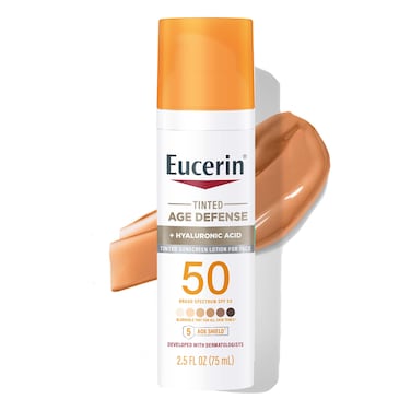EucerinSun Tinted Age Defense SPF 50 Face Sunscreen Lotion Hypoallergenic Fragrance Free Tinted Sunscreen SPF 50 with Hyaluronic Acid 25 Fl Oz Bottle