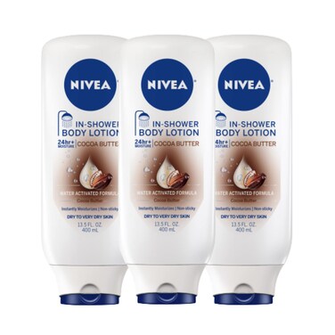 NIVEA Cocoa Butter In Shower Lotion Body Lotion for Dry Skin 135 Fl Oz Pack of 3
