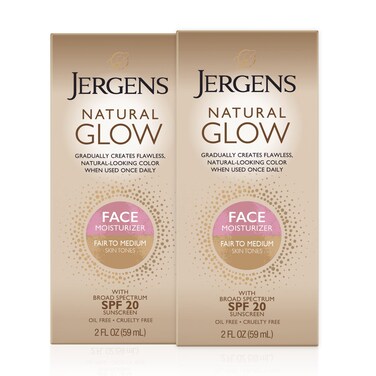 Jergens Natural Glow Face Self Tanner Lotion SPF 20 Sunless Tanning Fair to Medium Skin Tone Daily Facial Sunscreen Oil Free Broad Spectrum Protection 2 Fl Oz Pack of 2 Packaging May Vary
