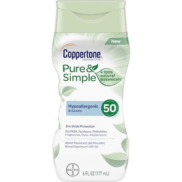 Coppertone Pure and Simple Zinc Oxide Mineral Sunscreen Lotion SPF 50 Body Sunscreen Water Resistant Broad Spectrum SPF 50 Sunscreen for Sensitive Skin 6 Fl Oz Bottle