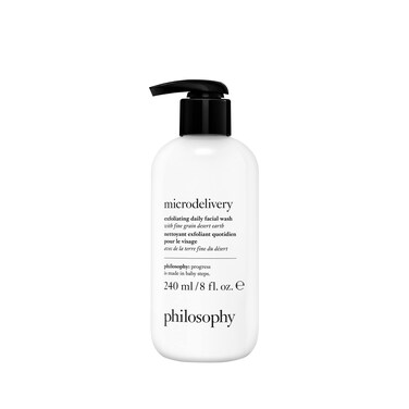 philosophymicrodelivery exfoliating daily facial wash  with fine grain desert earth  gentle amino acids  scrubs away impurities  dead skin cells to alleviate dryness and rough texture