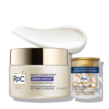 RoCCrepe Repair Anti Aging Daily Face Moisturizer  Neck Firming Cream 17 oz  RoC Retinol Wrinkle Smoothing Capsules 7 CT Skin Care Routine for Women and Men