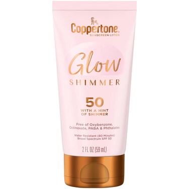 Coppertone Glow with Shimmer Sunscreen Lotion SPF 50 Water Resistant Sunscreen Broad Spectrum SPF 50 Sunscreen Travel Size 2 Fl Oz Bottle