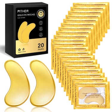 PITHER Under Eye Patches Gold Eye Patches for Puffy Eyes and Dark Circles 24k Gold Under Eye Mask for Wrinkles Eye Bags for Women and Men Collagen Skincare Treatment 20pcs