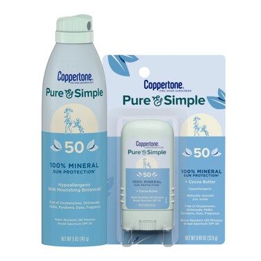 Coppertone Pure and Simple Mineral Sunscreen Pack Hypoallergenic Sunscreen for Sensitive Skin with Zinc Oxide Protection Sunscreen Spray SPF 50 5 Oz Can  SPF 50 Sunscreen Stick 049 Oz