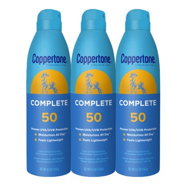 CoppertoneCOMPLETE SPF 50 Sunscreen Spray Lightweight Moisturizing Sunscreen Pack Water Resistant Spray Sunscreen SPF 50 55 Oz Spray Pack of 3