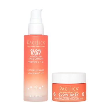 PacificaBeauty Glow Baby VitaGlow Face Lotion  Eye Bright Eye Cream Set Skincare Moisturizer Brightener Vitamin C Caffeine Hyaluronic Acid Face Care Vegan 27 fl oz and 05 fl oz Set of 2