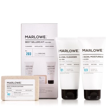 MARLOWE Best Sellers Kit  No 203  Features Signature Body Scrub Soap Bar Mens Facial Cleanser  Facial Moisturizer  Great Gift for Men