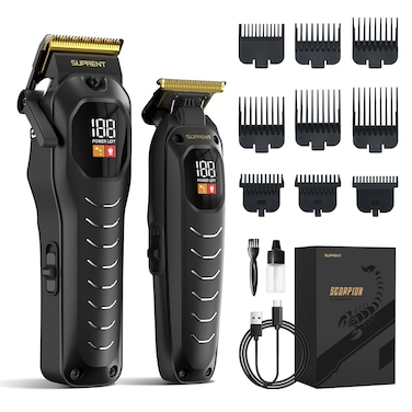 SUPRENTProfessional Cordless Hair Clippers for Men Hair Cutting Kit for Barbers  Family Wireless Beard Hair Trimmers Set with LED Display Rechargeable Hair Cutting Machine for Family Black