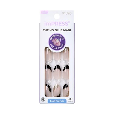 KISS imPRESS No Glue Mani PressOn Nails French Illusion Dark Neutral  Black Tip French Medium Size Almond Shape Includes 30 Nails Prep Pad Instructions Sheet 1 Manicure Stick 1 Mini File