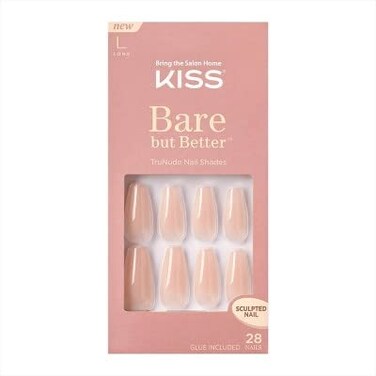 KISSBare but Better Press On Nails Nail glue included Nude Drama Nude Long Size Coffin Shape Includes 28 fake nails pink gel nail glue net wt 2g  7 oz mini file and manicure stick