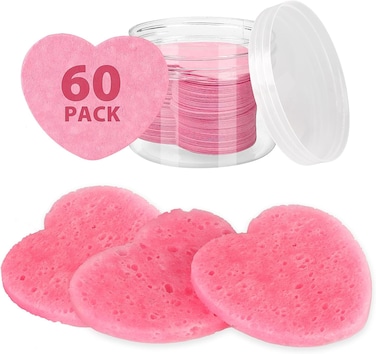 60Count Compressed Facial Sponges with Container Heart Shape Compressed Face Sponge 100 Natural Sponge Pads for Face Cleansing Massage Pore Exfoliating Mask Makeup Removal Pink