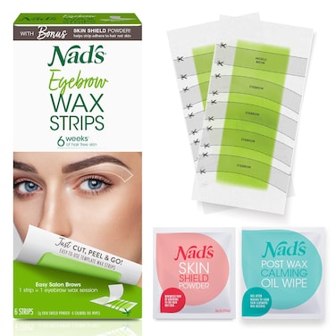 Nads Eyebrow Wax Strips  Facial Hair Removal for Women  Eyebrow Wax Kit with 6 Eyebrow Waxing Strips  6 Calming Oil Wipes  2g Skin Protection Powder 1 Count