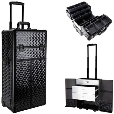 SunRiseProfessional Rolling Makeup Train Case Heavy Duty Hair Stylist  Makeup Artist Travel Case Black Diamond I3466DMAB