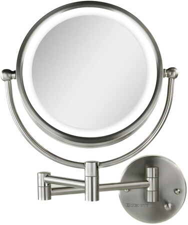 OVENTE 9 Lighted Wall Mount Makeup Mirror  1X 7X Magnification Hardwired Glow Cosmetic Light Mirror Spinning 360Degree Double Sided LED Extendable Folding Arm Nickel Brushed MPWD3185BR1X7X