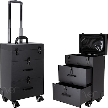 Ver Beauty Rolling Makeup Trolley Salon Cosmetic Hair Stylist and Professional Nail Artist Train Case Hairdressing Organizer Box 360 Swivel Wheels Faux Leather Black