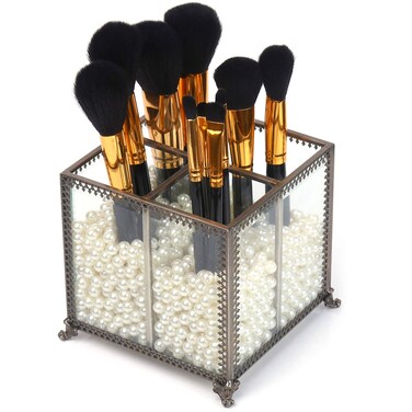 PuTwoMakeup Organizer Vintage 4 Sections Makeup Brushes Holder Make Up Storage with Free White Pearls