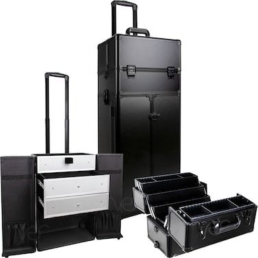SUNRISE Makeup Case on Wheels 2 in 1 Professional Trolley I3466 French Doors 6 Trays and 2 Drawers Adjustable Dividers Locking with Mirror and Shoulder Strap Black Matte