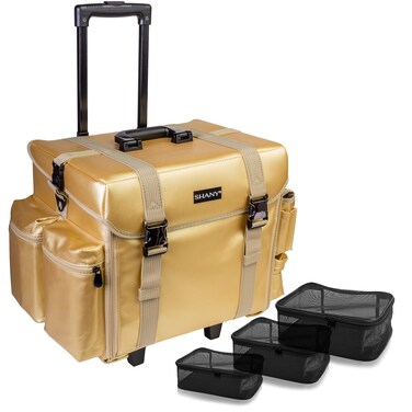 SHANY Makeup Artist Soft Rolling Trolley Cosmetic Case with Free Set of Mesh Bag Makeup Organizer  Travel Rolling Makeup Bag  Gold Medal