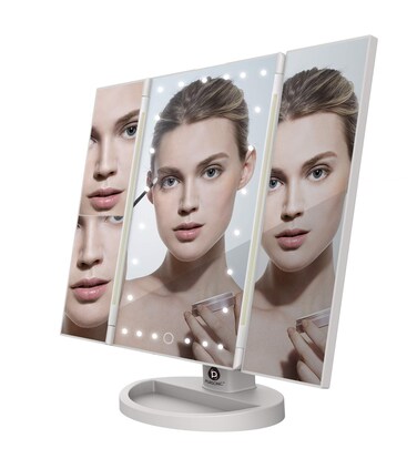 PURSONIC TM24FWH 24 LED Tri Fold Vanity Mirror 2X and 3X Magnifications  24 Dimmable Natural Lights Touch Screen Adjustable Countertop Table Mirror with Cosmetic Stand