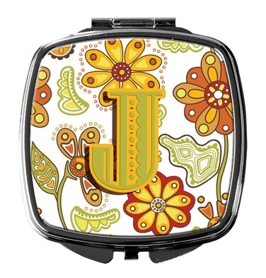 Carolines Treasures CJ2003JSCM Letter J Floral Mustard and Green Compact Mirror Decorative Travel Makeup Mirror for Women Girls Gifts Pocket Makeup Mirror Folding Handheld