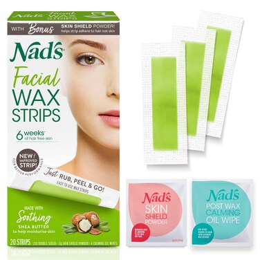 Nads Facial Wax Strips  Hypoallergenic All Skin Types  Facial Hair Removal For Women  At Home Waxing Kit with 20 Face Wax Strips  4 Calming Oil Wipes  Skin Protection Powder
