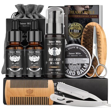 Isner Mile Beard Kit for Men Grooming  Trimming Tool Complete Set with Shampoo Wash Beard Care Oil Balm Brush Comb Scissors  Storage Bag Birthday Gifts for Him Men Dad Father Boyfriend