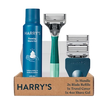 HarrysRazors for Men  Shaving Kit for Men includes a Mens Razor Handle 3 Razor Blade Refills Travel Blade Cover and 4 Oz Shave Gel