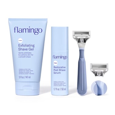 FlamingoPubic Hair Razor for Women Shaving Kit  1 Pubic Razor  Exfoliating Shave Gel 5 fl oz  Restorative Post Shave Serum 17 fl oz