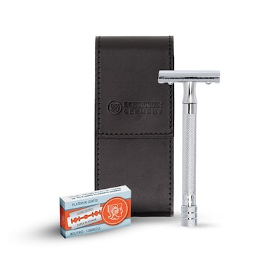 MERKUR5005 Travel Shaving Set featuring MERKUR 23C Threepiece Safety Razor with Long Handle  Bright Chrome Finish 10 Double Edge Blades  Black Leather Case  Made In Germany